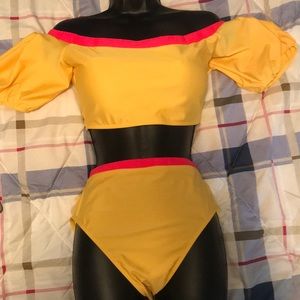 YELLOW AND PINK HIGH WAISTED SWIMSUIT
